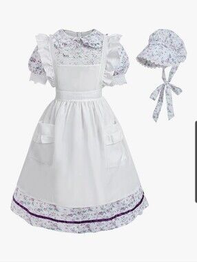White and Lavender Floral Girls' Pioneer Costume Dress with Bonnet Size Med